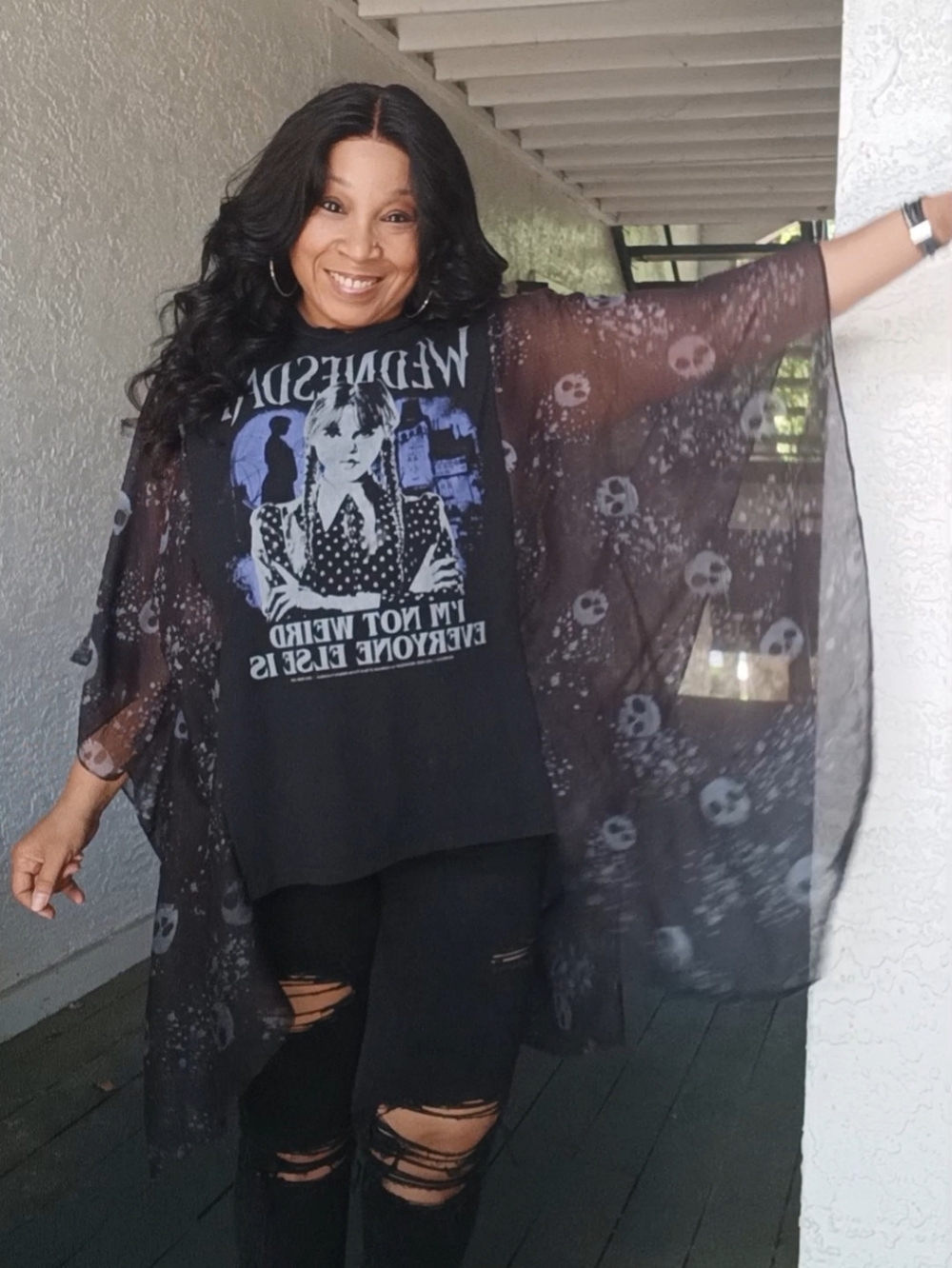 Upcycled Wednesday Graphic Tshirt Poncho - Picture 9 of 12